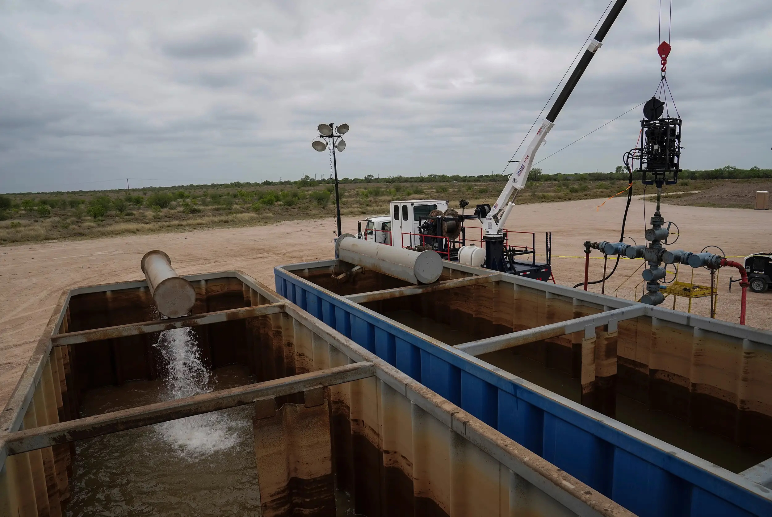 The pressurized water, which was pumped underground and later released to the surface through the well on the right, at the Starr County demonstration on March 22, 2023.