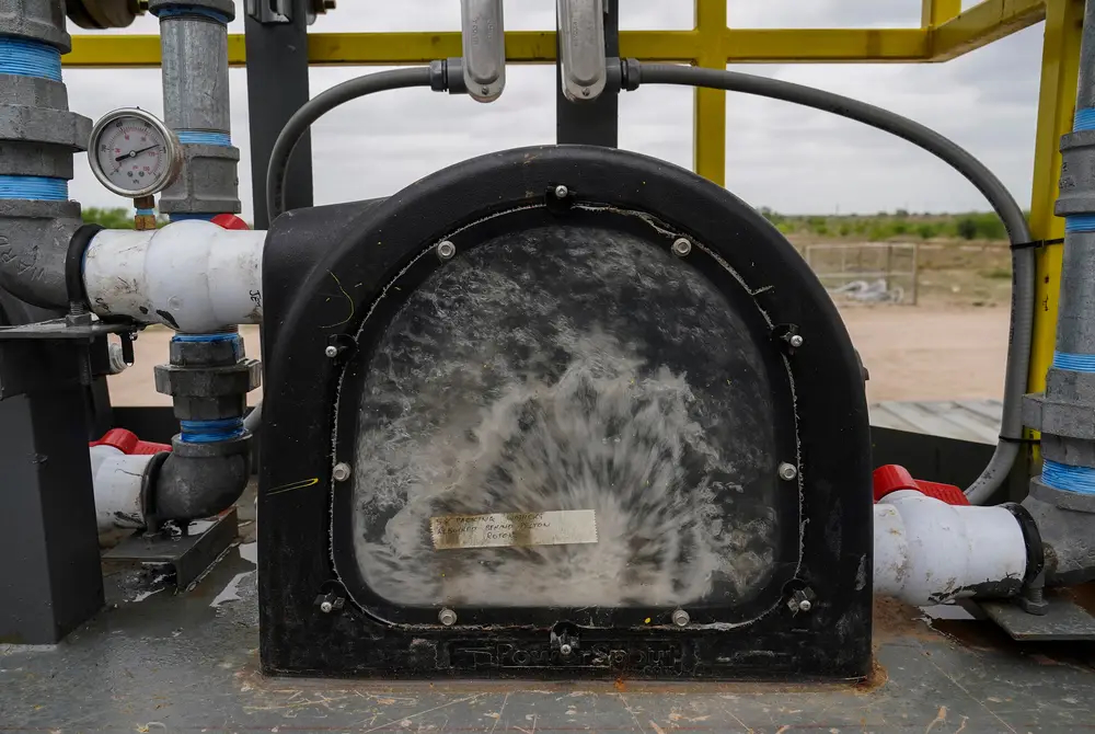 Water spins a turbine at the Starr County demonstration site for Sage Geosystems.