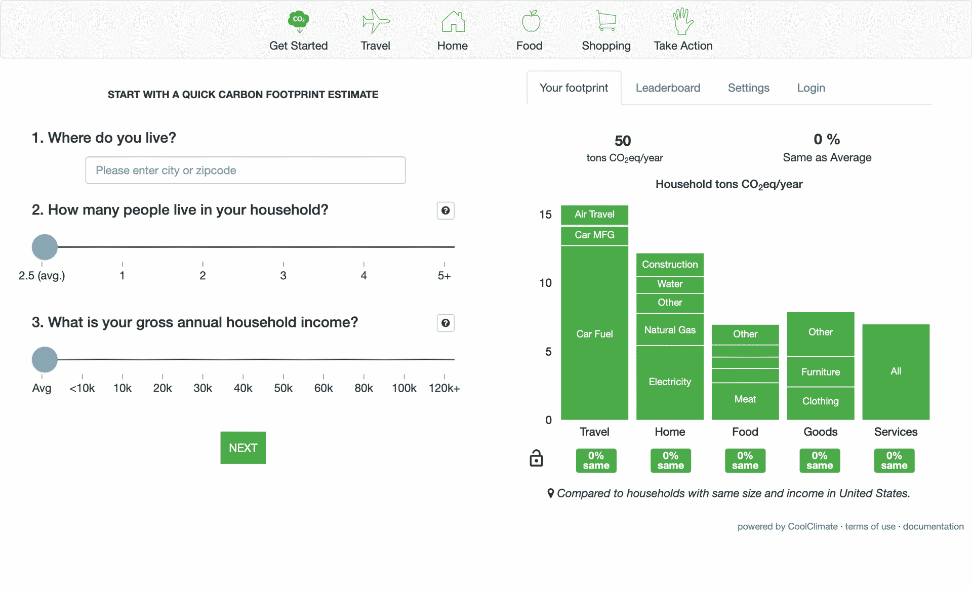 Screenshot of carbon calculator interface