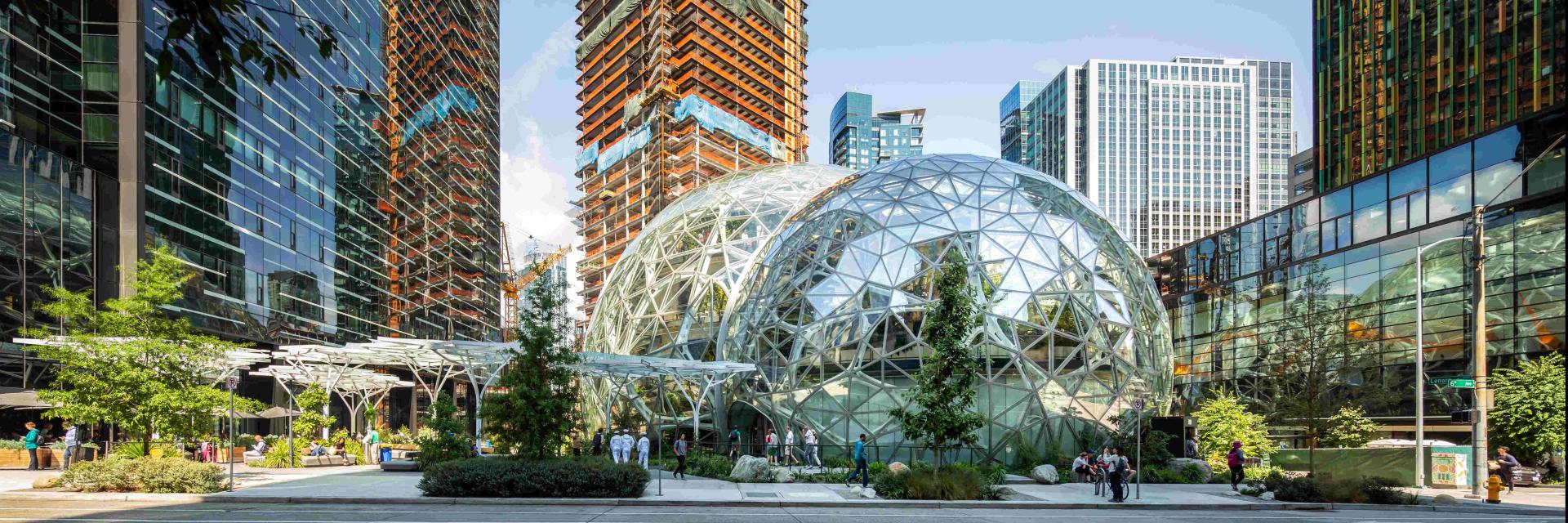 The Spheres building in Seattle is built with ECOPlanet low-carbon cement with 80% less CO2 inside.