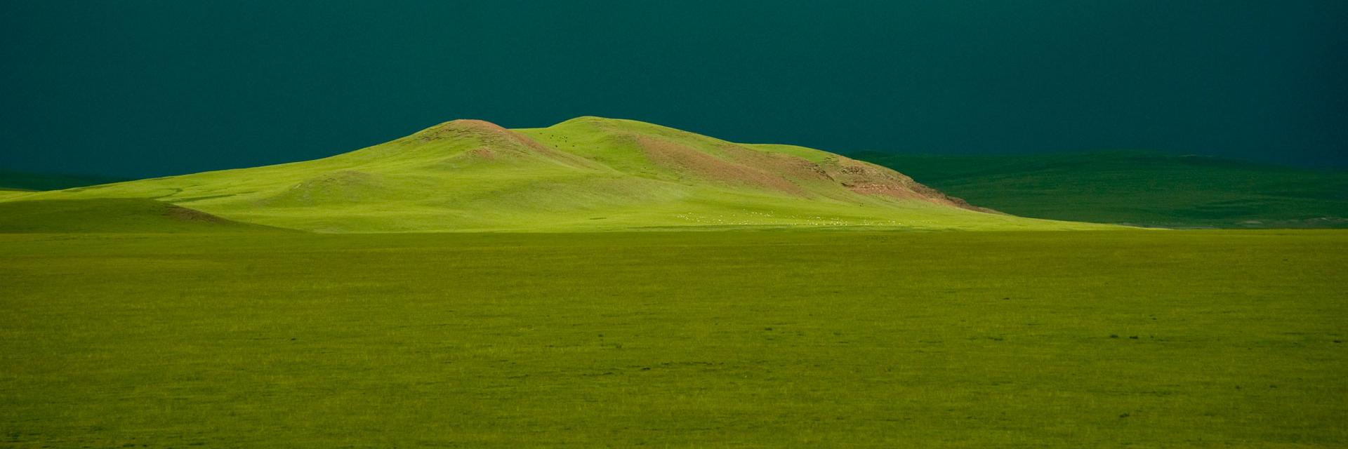 Sunlight on grasslands in the Tibetan Plateau at an elevation of over 13,000 feet.