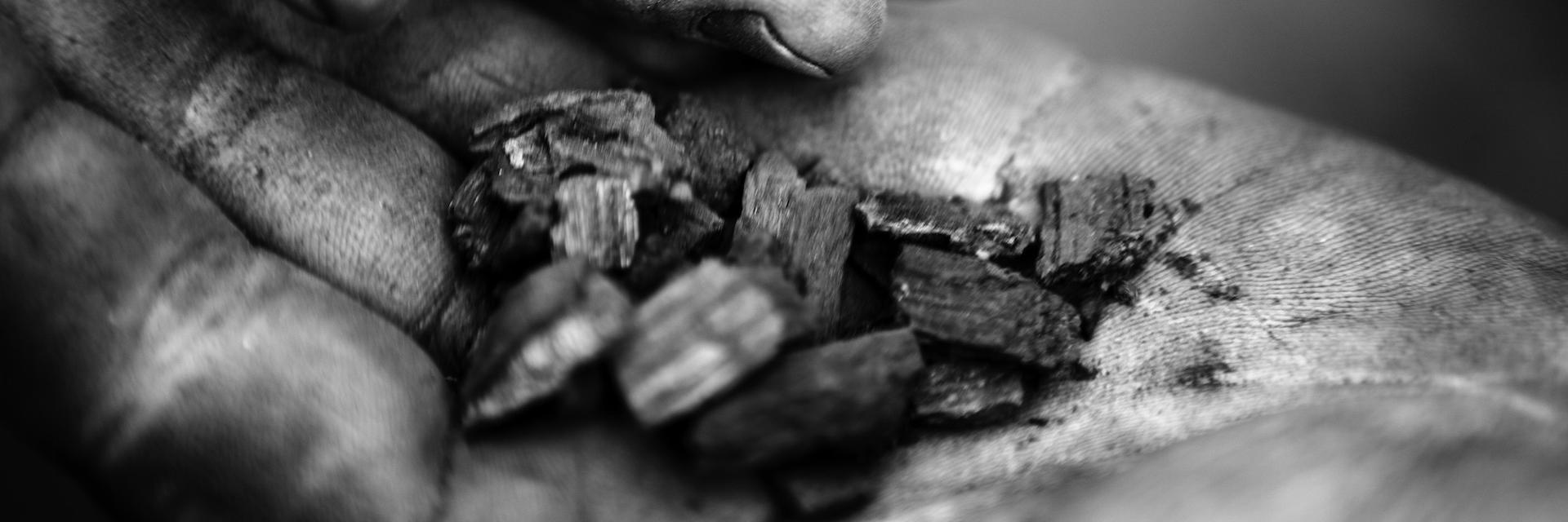 Black and white image of biochar in a man's hands.