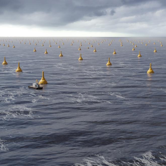 Landscape shot of a 300 MW wave energy farm on the ocean.