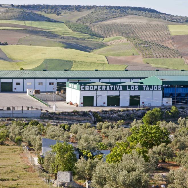 Landscape shot of Los Tajos Cooperative agricultural processing center, in the countryside near Alhama de Granada, Spain.