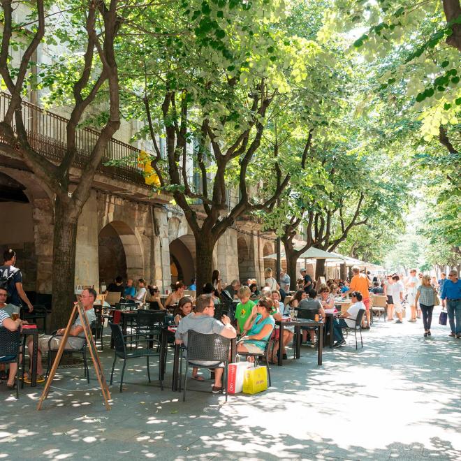 La Rambla de la Llibertat, in the old town of Girona, Catalonia, Spain.