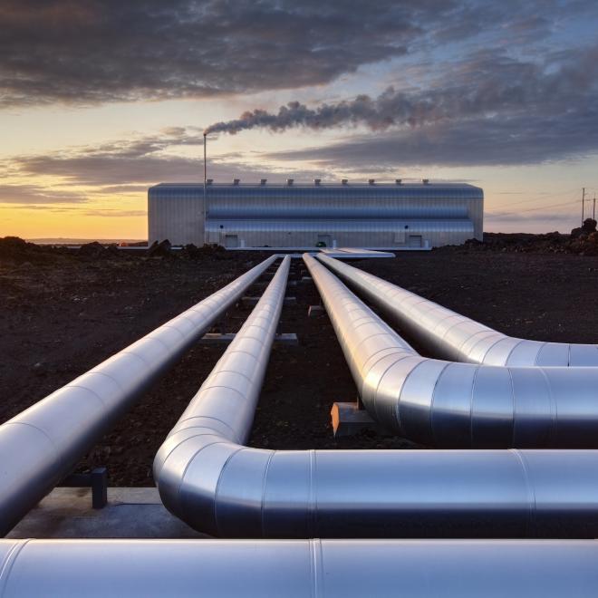 View of pipework and Geothermal power plant, Reykjanesvirkjun, South West Iceland.