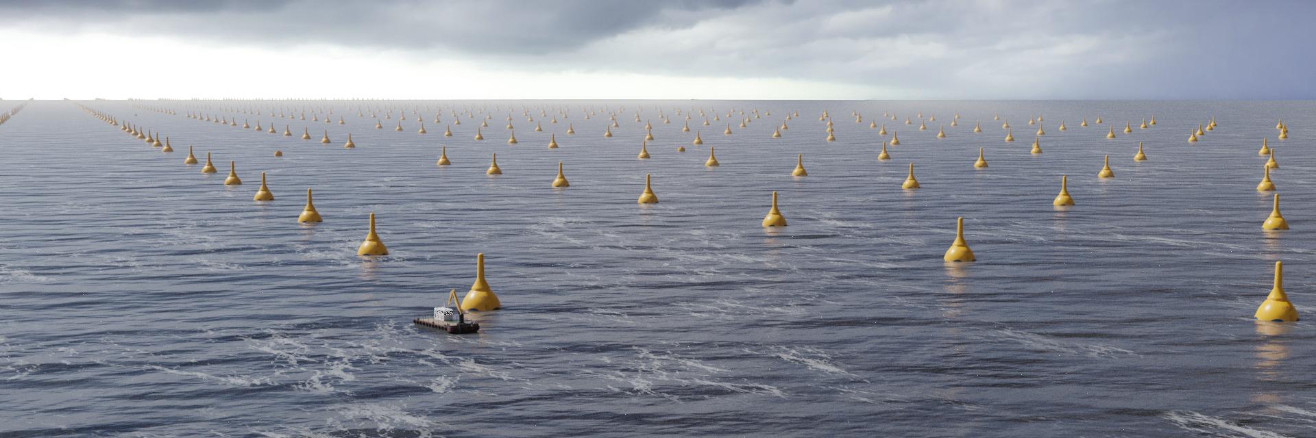 Landscape shot of a 300 MW wave energy farm on the ocean.