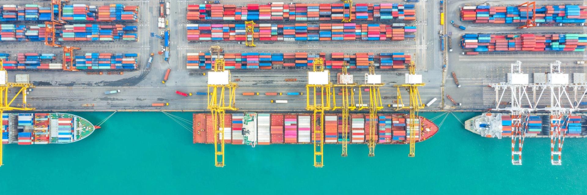 Aerial shot of container ships at Bangkok Port, Ratburana, Thailand.