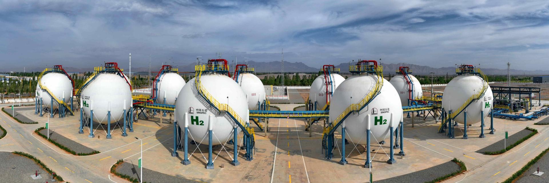 A series of green hydrogen storage tanks from China's largest solar green hydrogen facility.